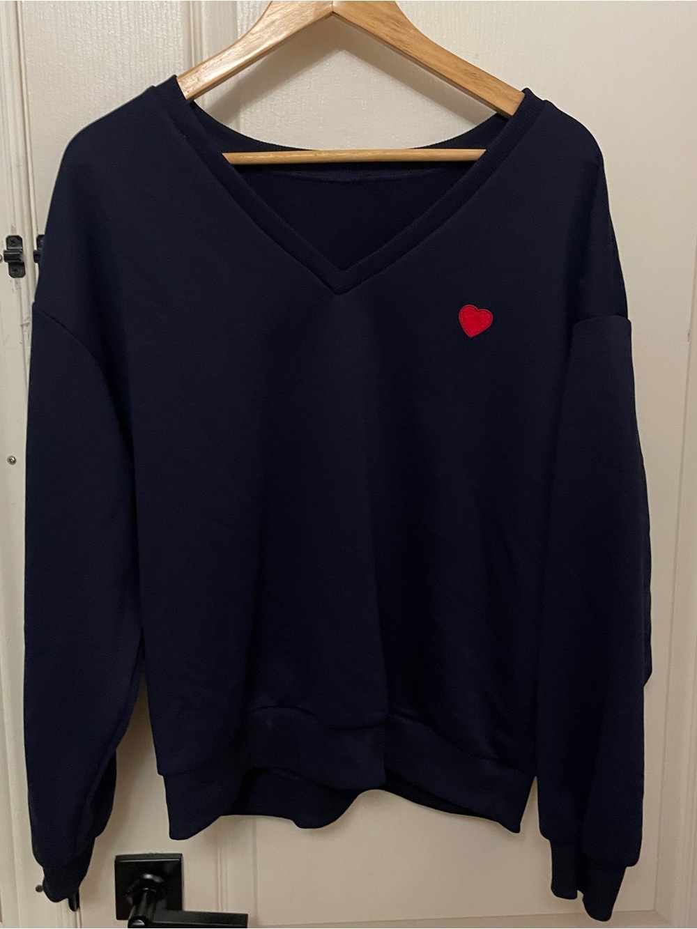 Navy V-Neck Sweater with Red Heart Detail